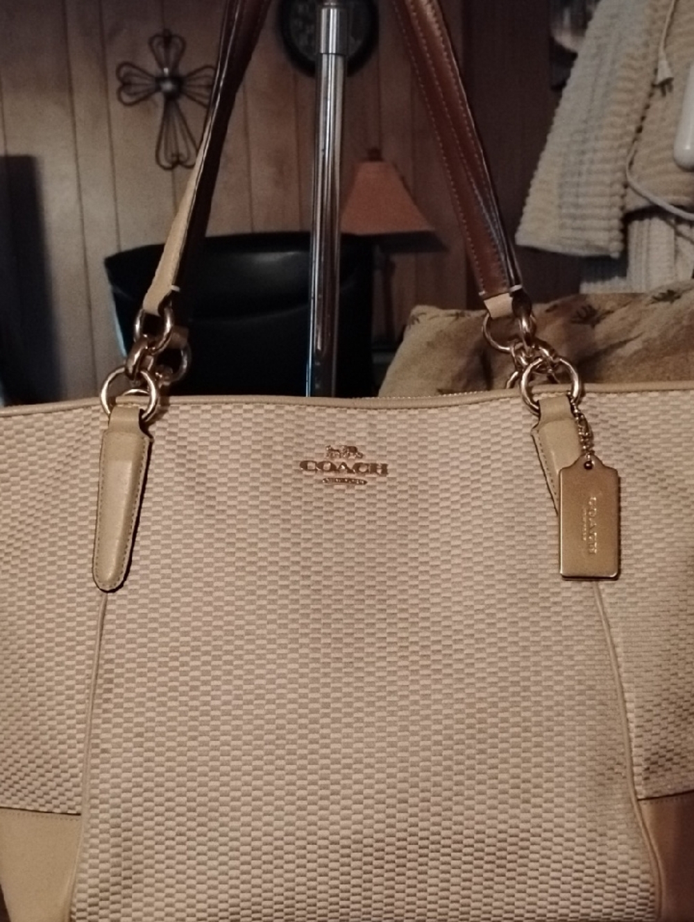 Coach Tan Woven Tote with Brown Leather Handles
